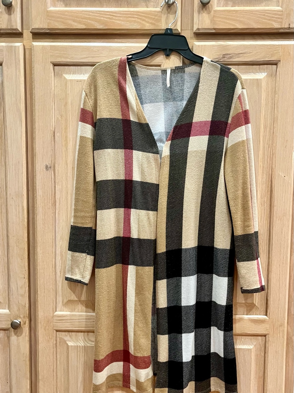 Open-Front Plaid Longline Cardigan - Tan, Black & Burgundy